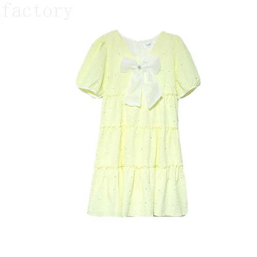 Women Babydoll Puff Sleeve Cute Dress Bow Swing Tiered Mini Ruffle Beaded - Bild 8 von 17