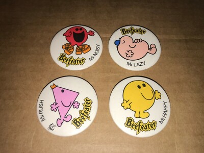 4 Vintage Beefeater Mr Men Abzeichen - Mr NOISY, Mr LAZY, Mr RUSH, Mr HAPPY