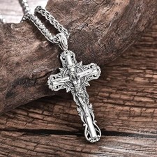 925 Sterling Silver Cross Crucifix Jesus Christ INRI Pendant Necklace for Men...