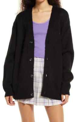 iets Frans Women Medium Black Fuzzy Fluffy Cardigan Oversized Sweater NEW
