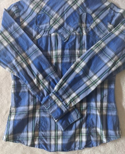 Excellent CRUEL GIRL Fitted Western Shirt Wms. Size M Plaid LS Embroidery Snaps - Picture 11 of 16