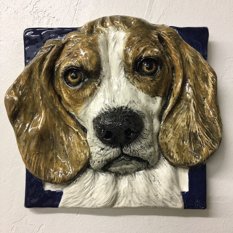 Beagle Dog Ceramic Portrait bas-relief 3D tile handmade In Stock Alexander Art