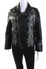 Phenomenon Womens Front Zip Collared Leather Jacket Black Multi Size Small