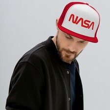 Embroidered NASA Worm Logo Trucker Flat Bill Snapback Cap