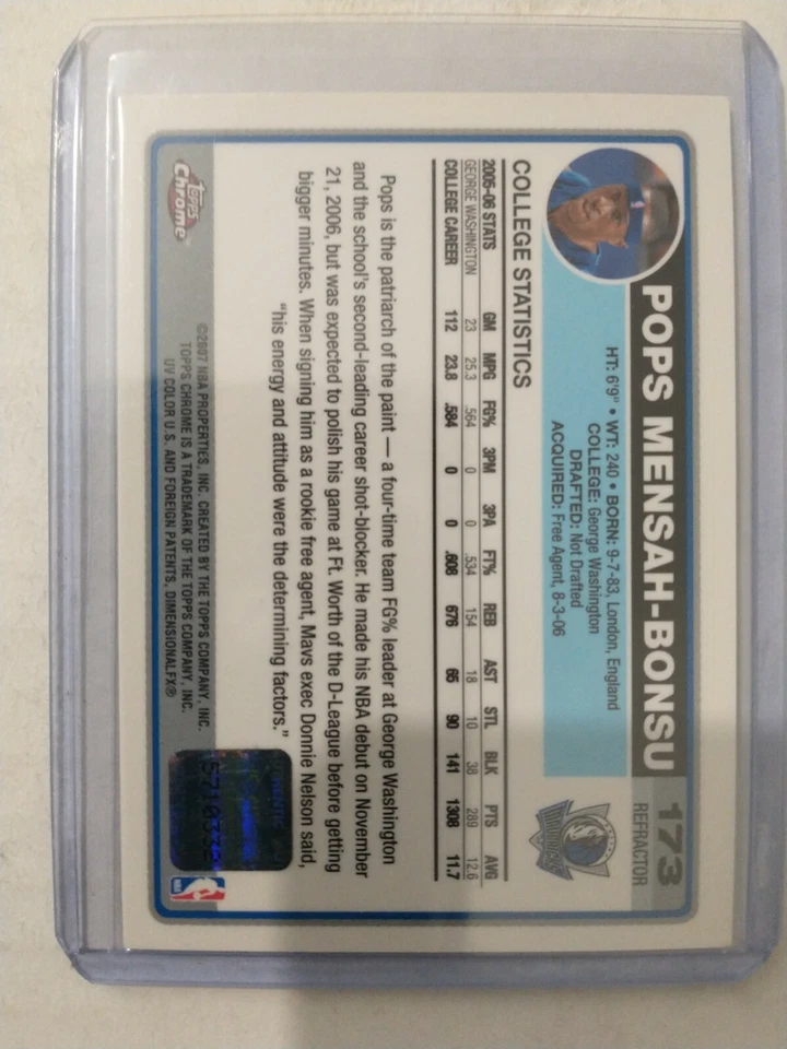 Pops Mensah-Bonsu RC Auto Black Refractor 2007 Topps Chrome Dallas Mavericks 173 - Image 2 of 2
