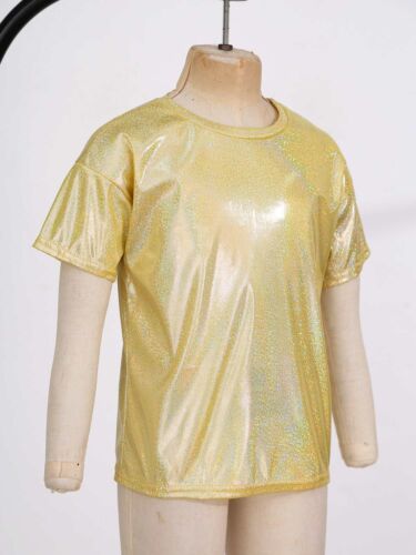 Kids Girls Boys Metallic Shiny T-shirt Sparkly Jazz Dance Loose Tops Costumes - Picture 10 of 25