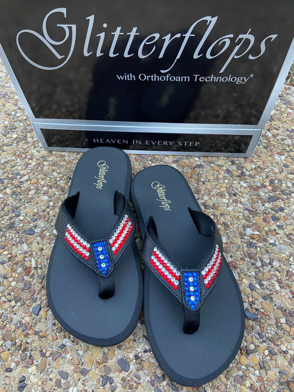 NEW Ladies USA Glitterflops Black Leather Red Blue Crystals Orthopedic