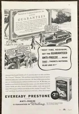 1937 Eveready Prestone Anti-Freeze Print Ad Snow Scene Cars People Talking