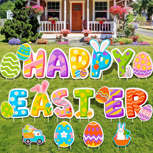23 PCS Happy Easter Day Yard Signs Decorations, DIY Spring Yard Signs with Stake