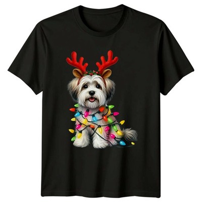 Weihnachten Hund Rentier Geweih Weihnachtsbeleuchtung Herren Damen Grafik T-Shirt -a