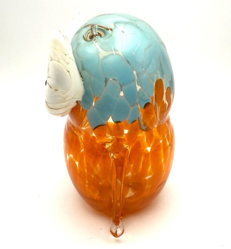 Hand-Blown Art Glass Owl Figurine Orange Blue White 5” H Paperweight Vintage - Picture 2 of 6