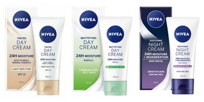 Nivea 24H Feuchtigkeitscreme: Getönter Tag LSF 15 / Hautmattierend / Beruhigend Nacht