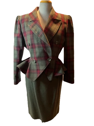 BOUTIQUE VALENTINO VINTAGE 2 PZ. TUTA GONNA A QUADRI TARTAN IN MUSCHIO BORDEAUX TAGLIA 10