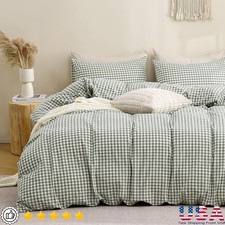 Queen 3pc Cotton Duvet Cover Set Green Gingham Hidden Zipper Corner Ties New