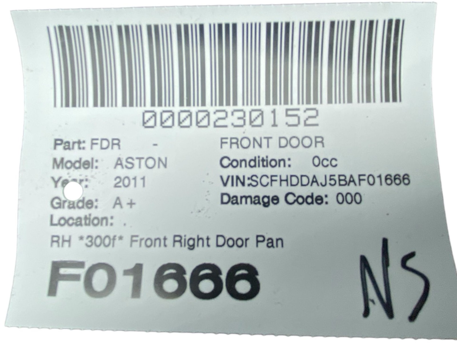 2010-2019 Aston Martin Rapide DDAJ Front Right Door Panel Shell | Silver (1344)