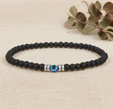 Evil Eye Black Tourmaline Reiki Stretch Bracelet 4mm Round Crystal Gemstone Bead