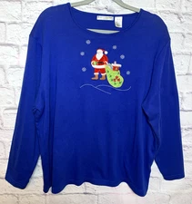 Rebecca Malone Blue Santa Claus With Presents Long Sleeve Top Women's Size 2X.
