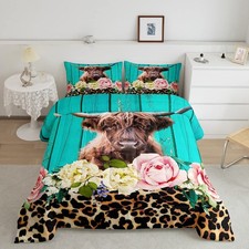Highland Cow Bedding Set Leopard Floral Comforter Set for Kids Boys Girls Bro...
