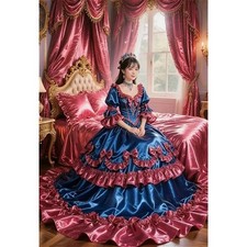 Victorian Rococo Navy Blue Burgundy Ruffled Ball Gown Historical Princess Dress