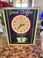 Retro Metal Wall Clock W/ Pink Neon Light GOOD COFFEE 5 CENTS Working Condition