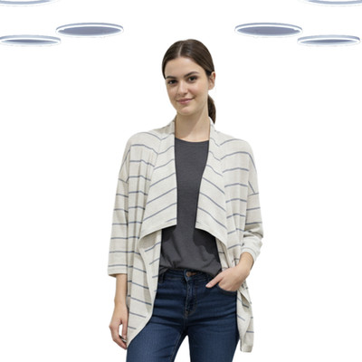 Ex Fat Face Damen Strickjacke - Langarm Struktur gestreift Wasserfall elfenbein