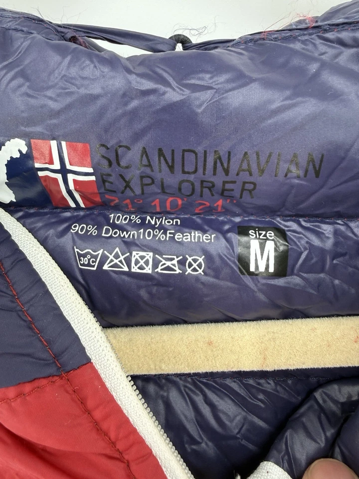 Scandinavian Explorer mens M packable Jacket Full Zip Puffer Red blue white down - Image 4 of 4