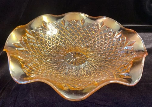 Vintage Indiana Carnival Glass Iridescent Marigold Diamond Point & Ruffled Bowl