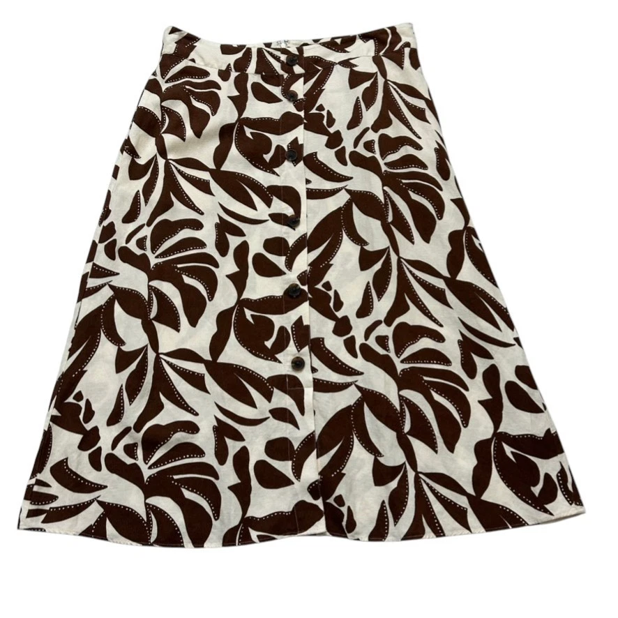 NEW Ann Taylor Brown Ivory Linen Midi Skirt 6 Capsule A-Line Pockets