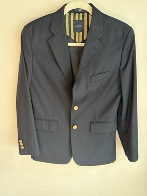 Nautica Boy s Navy Blue Blazer Brass Logo Buttons Fully Lined Year Round Size 14