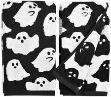 Halloween Ghost Hand Towels 2 Pack, Reversible Black  White Cotton Towels