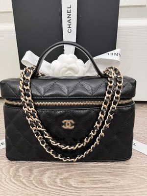 NWT Chanel Slim Vanity Top Handle Bag Black Quilted Caviar W/ Light Gold RECEIPT