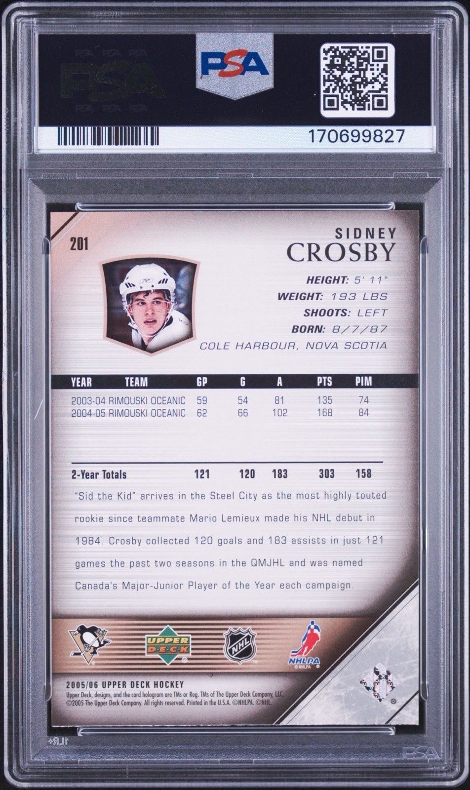 2005 Upper Deck Sidney Crosby Young Guns #201 PSA 9 Rookie RC view 2
