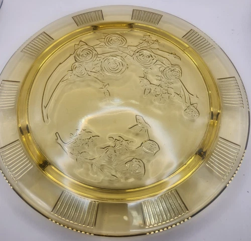 Federal Glass Amber Sharon Cabbage Rose Three Footed Cake Plate