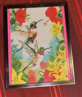 Vintage Beaded Hummingbirds And Flowers Framed Art Picture 15 x 12 