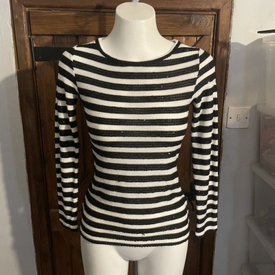 Marella Max Mara Damen Strickpullover schwarz gestreift Pailletten UK 10