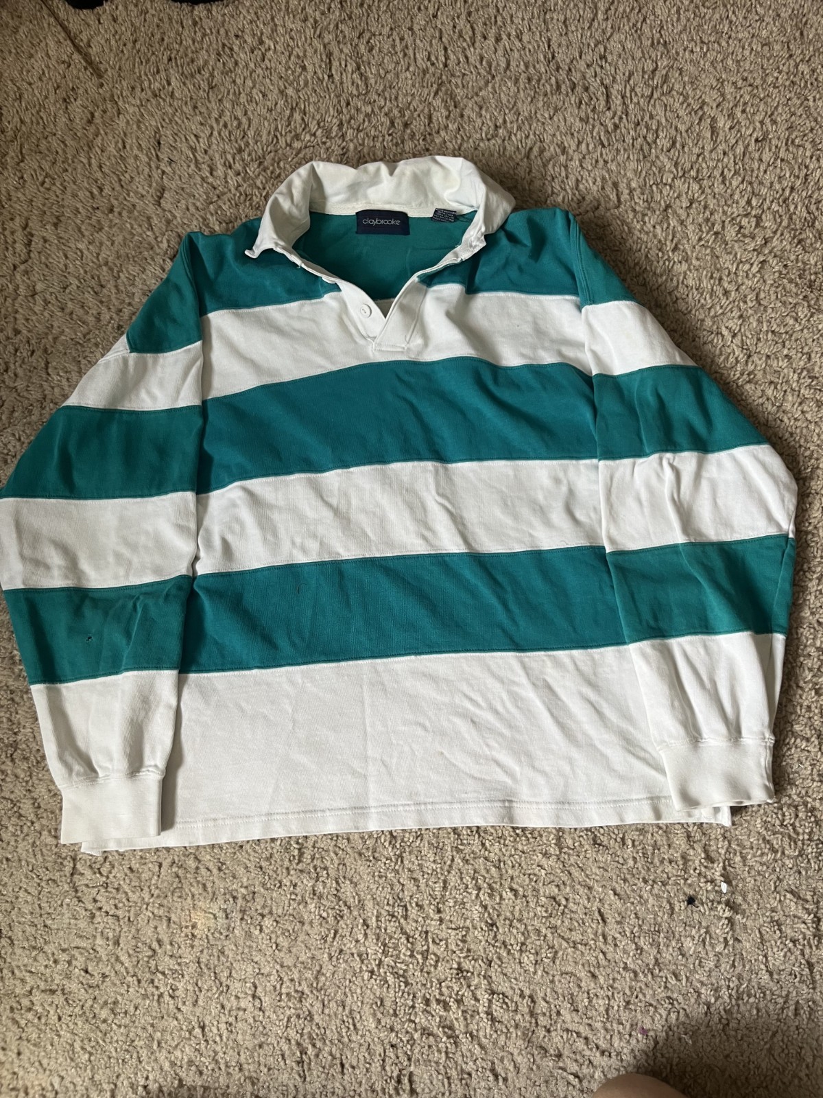 Vintage Claybrooke Stripe Teal and White Mens L Rugby LS Polo Shirt 100% Cotton
