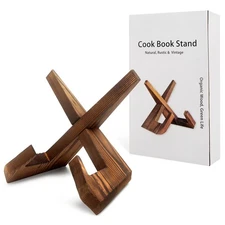 Rustic Wooden Cookbook Holder Stand for Kitchen Counter Recipe Book Holder