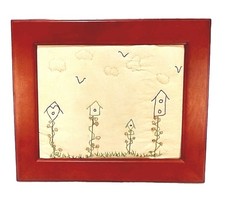 Embroidery Primitive Folk Art Framed Vtg Mid Century Stitchery Wall Hanging