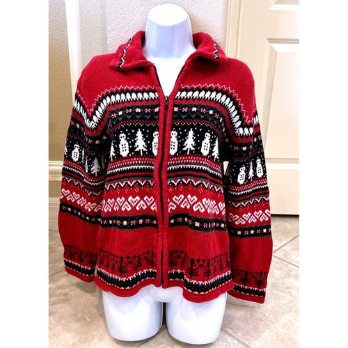 BJ Collectibles Heirloom Red Fair Isle Snowman Zip Up Sweater Womens Medium