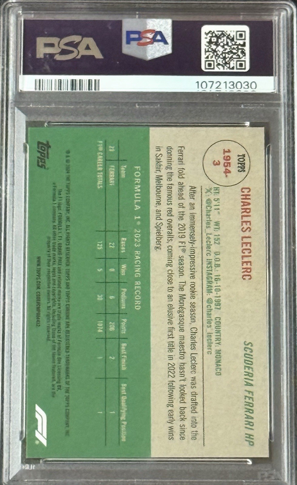 Charles Leclerc 2024 Topps Chrome F1 1954 Topps Black Refractor /10 PSA 9  view 2