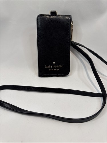 Kate Spade Madison Card Case ID Window Lanyard Wallet in Black / Gold Tone