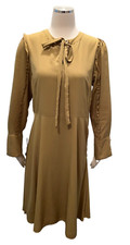 ANN TAYLOR Womens Petite 8 Med Midi Shirtdress Ruffle Long Sleeve Yellow Mustard