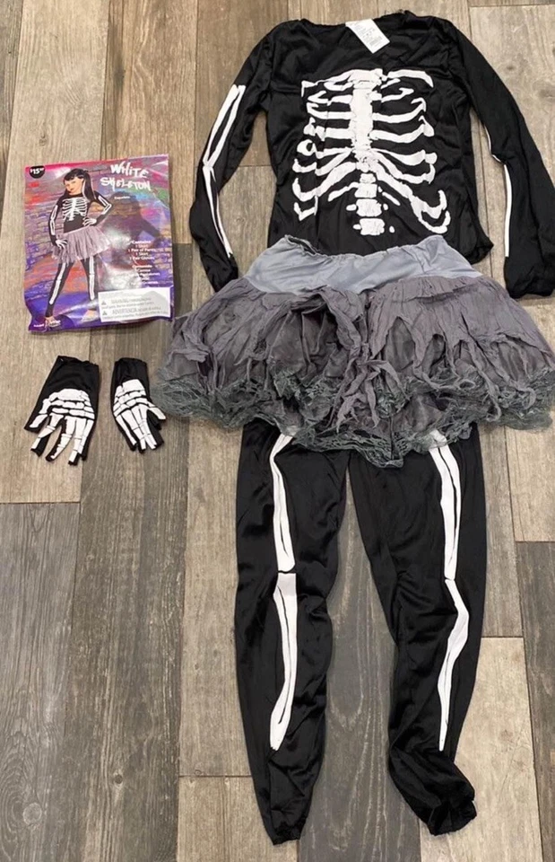 Conjunto de Disfraz de Esqueleto Blanco para Niñas Halloween Niñas Mediano 8/10 Gris Tutú y Guantes Foto 2 de 4