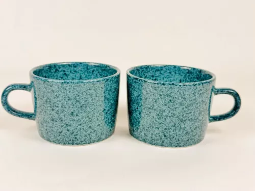 Signature Stoneware Japan 2 VTG Blue Turquoise Speckled Cups Harlequin