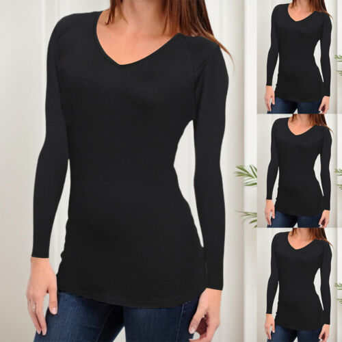Womens Long Sleeve Plain T Shirts Ladies Stretchy Basic Slim Fit V Neck Tops