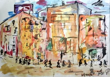 LARGE EXPRESSIONIST WATERCOLOUR PAINTING CITYSCAPE BY LIN 1987
