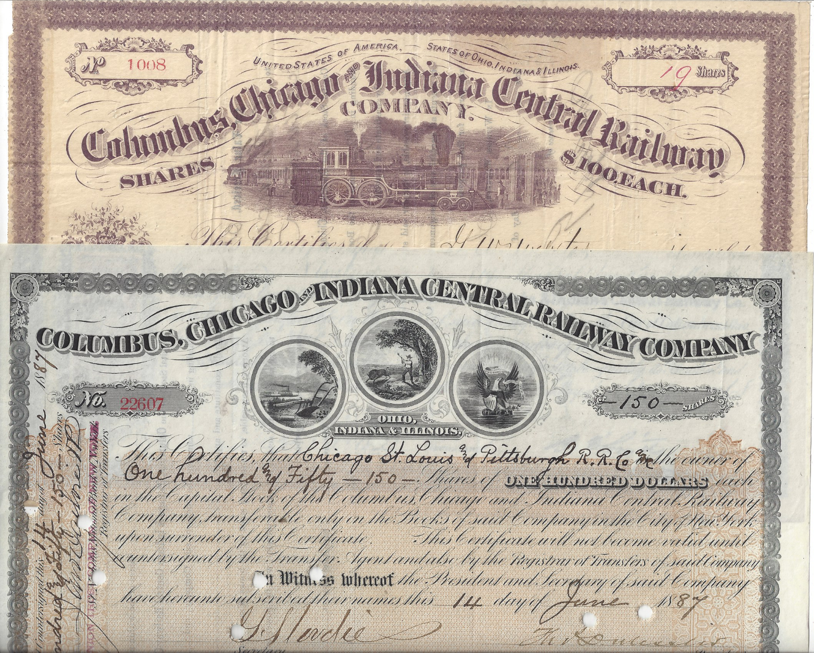 2 Columbus, Chicago & Indiana Central RY Stocks 1868 & 1887 Different Formats