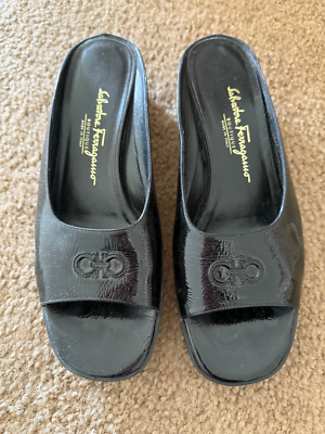 Ferragamo Black Patent Leather EXTRA LIGHT Outsole Open Toe Slide