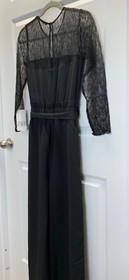 NWT ZARA Black Lace Contrast Ruffled Tie Waist Wide Leg Cropped Jumpsuit, MEDIUM