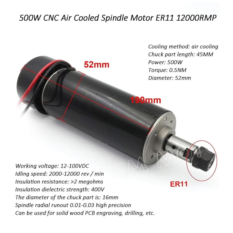 「DE」500W Frässpindel Air cooled spindle motor ER11& 52mm Klemmen &Speed governor - Bild 4 von 4